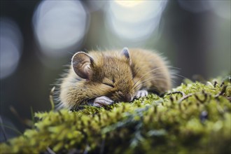 Cute small brown mouse sleeping on forest ground. Generative AI, AI generated