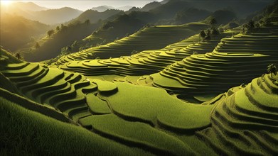 Early morning light bathes Philippines rice terraces cascading down mountain slopes, AI generated