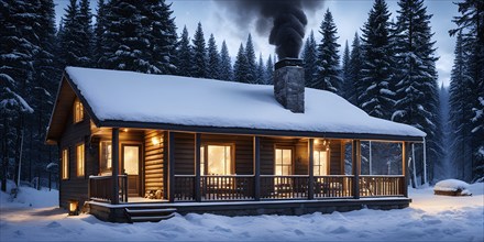 Peaceful winter cabin in the woods, with smoke rising from the chimney, AI generated