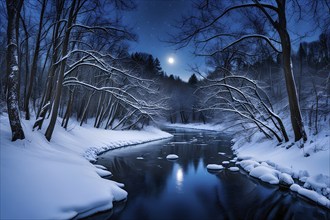 Serene winter night scene of a frozen river winding through a forest in moonlight, AI generated