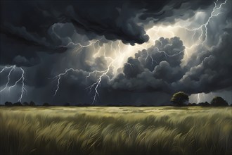 Field of Wild Grasses Under a stormy Sky, AI generated