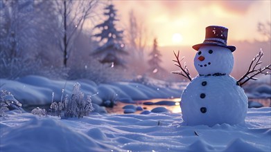 Snowman in an idylic winter landscape, snow covered trees, golden hour light of sunrise, AI