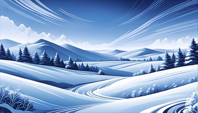 Abstract winter landscape illustration using cool blues and whites with swirling patterns and