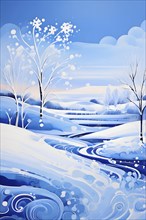 Abstract winter landscape illustration using cool blues and whites with swirling patterns and