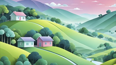 Landscape set in paper art style featuring houses tucked between verdant trees and rolling hills,