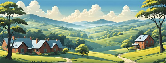 Landscape set in paper art style featuring houses tucked between verdant trees and rolling hills,