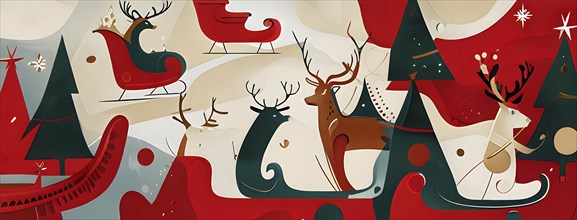 Whimsical abstract scene with stylized reindeer and sleighs to capture the magic of Christmas, AI