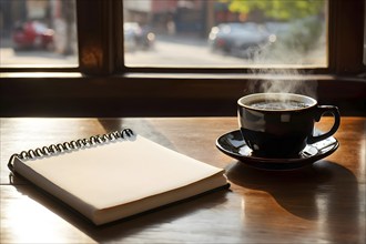 Notebook and coffee cup on a rustic wooden table in a tranquil scenery, AI generated