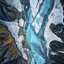 Aerial view of abstract geometric patterns of an glacier landscape, AI generated