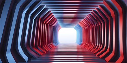 Tunnel structure in blue and red hues representing data and communication in abstract geometric