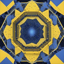 Tunnel structure in blue and yellow hues representing data and communication in abstract geometric