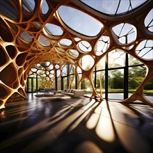 Modern building design with a network of interconnected shapes inspired by the structure of spider