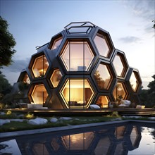 Modern residential house inspired by honeycomb hexagonal patterns, AI generated