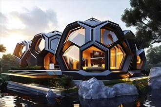 Modern residential house inspired by honeycomb hexagonal patterns, AI generated