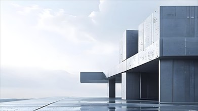 Minimalistic grey colored architecture in geometric adorned structures against a surreal backdrop,