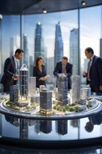 Architecture model of skyscraper with intricate details on a conference table in the office, AI