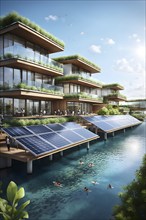 3d rendering of a sustainable engaged waterfront development with floating solar panels, AI