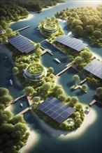 3d rendering of a sustainable engaged waterfront development with floating solar panels, AI