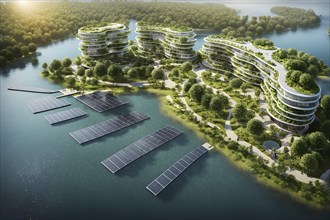 3d rendering of a sustainable engaged waterfront development with floating solar panels, AI