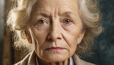 Close-up of the face of an old woman with a neutral expression and grey hair, AI generated, AI