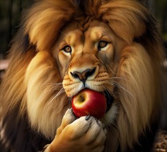 A vegetarian maned lion nibbles an apple, AI generated, AI generated