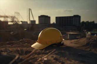 Yellow safety helmet at construction site. KI generiert, generiert AI generated