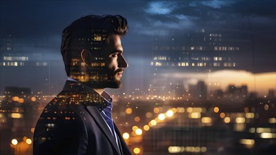 AI generated profile of a businessman with a double exposure of city lights, representing business