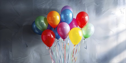 AI generated cluster of vibrant helium balloons floating against a grey background