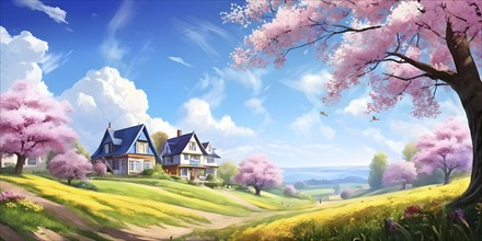 AI generated illustration of colorful countryside houses nestled in a spring or summer scenery with