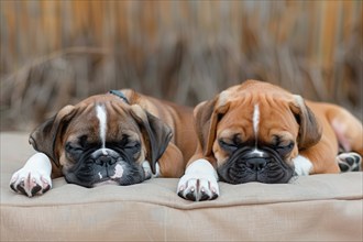 Two cute boxer pups sleeping on cushions, AI generated