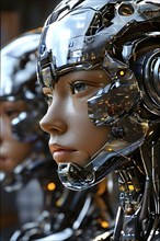 Advanced humanoid robot heads illustrating future robot concepts, AI generated