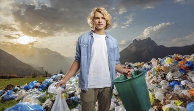 Symbolism, rubbish, young man standing with rubbish in front of a rubbish dump, AI-generated, AI