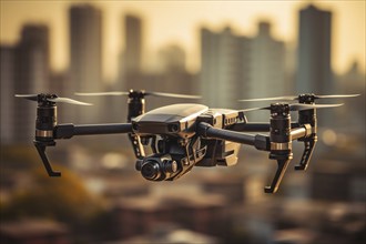 Drone flying in sky with blurry city with tall buildings in background. KI generiert, generiert KI