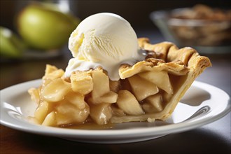 Slice of apple pie with vanilla ice cream on plate. KI generiert, generiert KI generiert, generiert