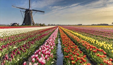 Agriculture, dense, intensely colourful blooming tulip field with a windmill, in Holland, AI