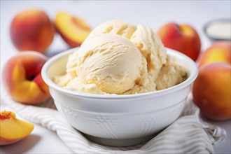 Bowl with peach ice cream surrounded by fruits. KI generiert, generiert, AI generated