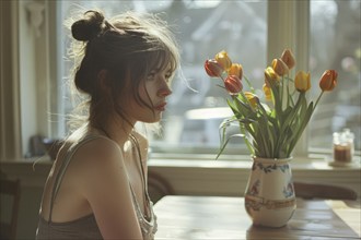 A young woman sits at the window next to a vase of orange tulips, she looks sad and thoughtful, AI