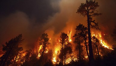 Forest, forest fire, coniferous forest on fire, AI generated, AI generated