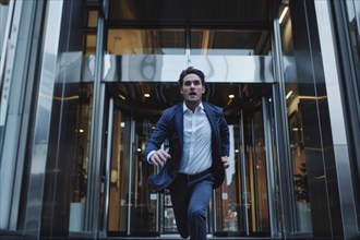 A businessman in a suit hurriedly runs out of a modern office building in a city, AI generated, AI