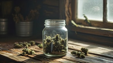 Glass jar filled with dried cannabis buds on a weathered wooden counter, AI generated