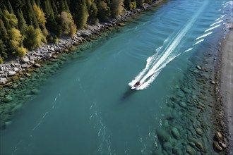 Aerial view on a high speed boat racing along a rivers serpentine, AI generated