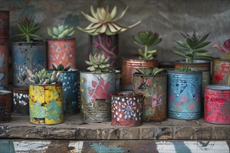 Concept for upcycling old tin cans as flower pots for succulent plants. Generative Ai, AI generated