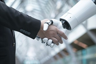 Handshake between business man in suit and artificial intelligence android arm. Genertaive AI, AI