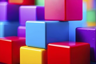 Vibrant toy blocks lined up in front of colorful background, AI generated