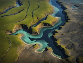 Aerial view perpendicular top down of an abstract colorful river along the coastline, AI generated