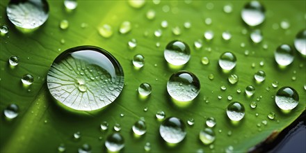 Close up of a lotus leaf showcasing its hydrophobic tendencies repelling water droplets, AI