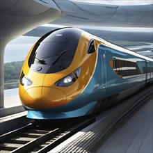 High speed train with an aerodynamic nose modeled after the beak of a kingfisher, AI generated