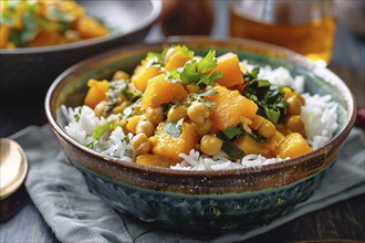 Bowl with curry with pumpkins, chick peas and jasmin rice. Generative Ai, AI generated