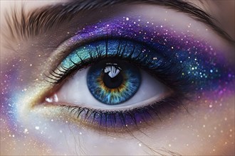 Close up of eye featuring vibrant colored eyelids with intense eye shadow, AI generated