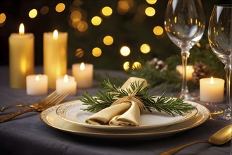 Beautifully decorated Christmas table setting with a golden napkin ring, sparkling cutlery, and a